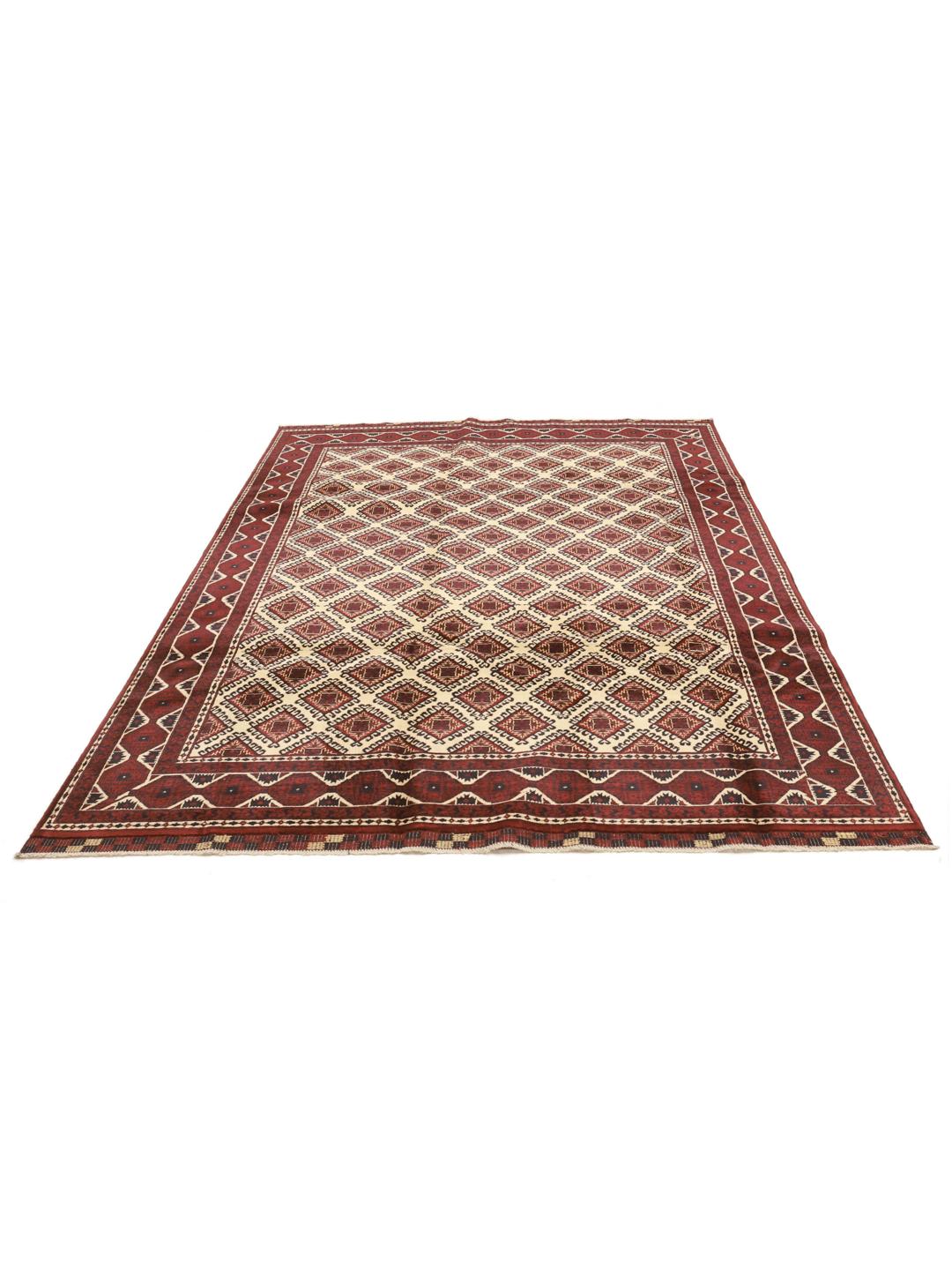 Hand-knotted Kunduz wool rug in dark-red and beige from Afghanistan