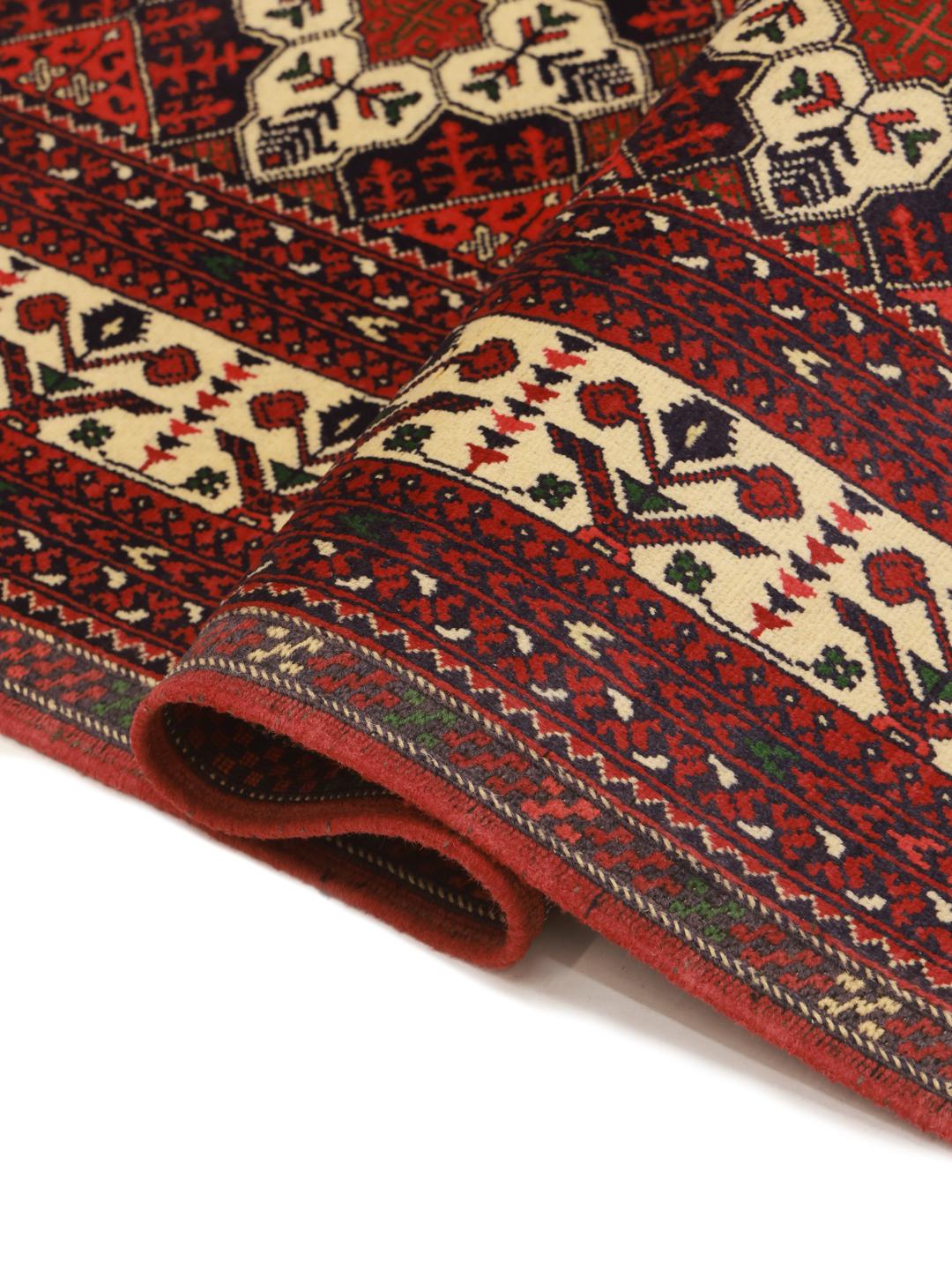 Handgeknoopt Kunduz wollen vloerkleed in donkerrood en beige