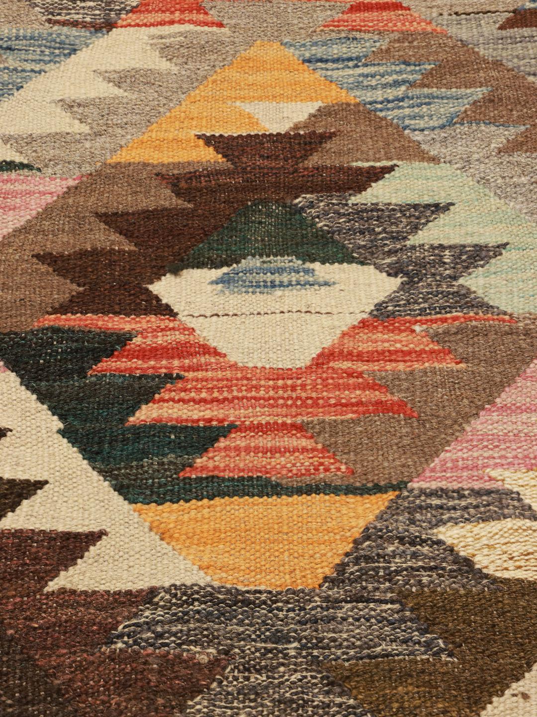 Hand-woven Kelim Ariana flatwoven wool rug in brown and multicolour