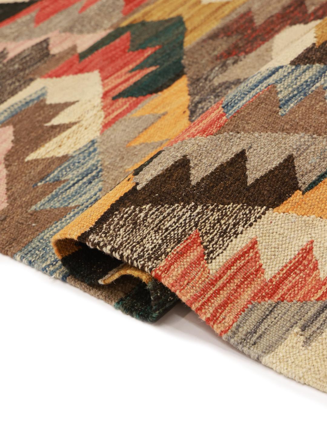 Hand-woven Kelim Ariana flatwoven wool rug in brown and multicolour