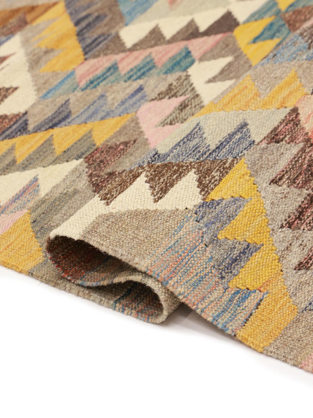 Handwoven Afghan wool rug in beige and multicolor with tribal diamond patterns