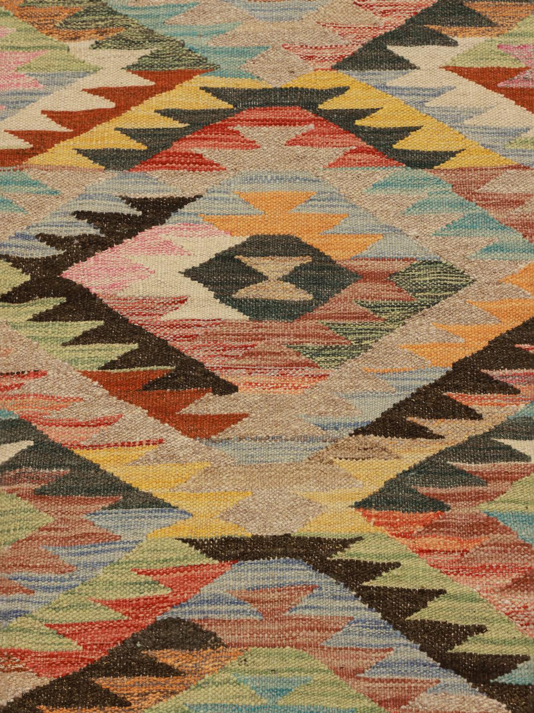 Hand-woven wool Kilim runner from Afghanistan in multicolor geometric patterns