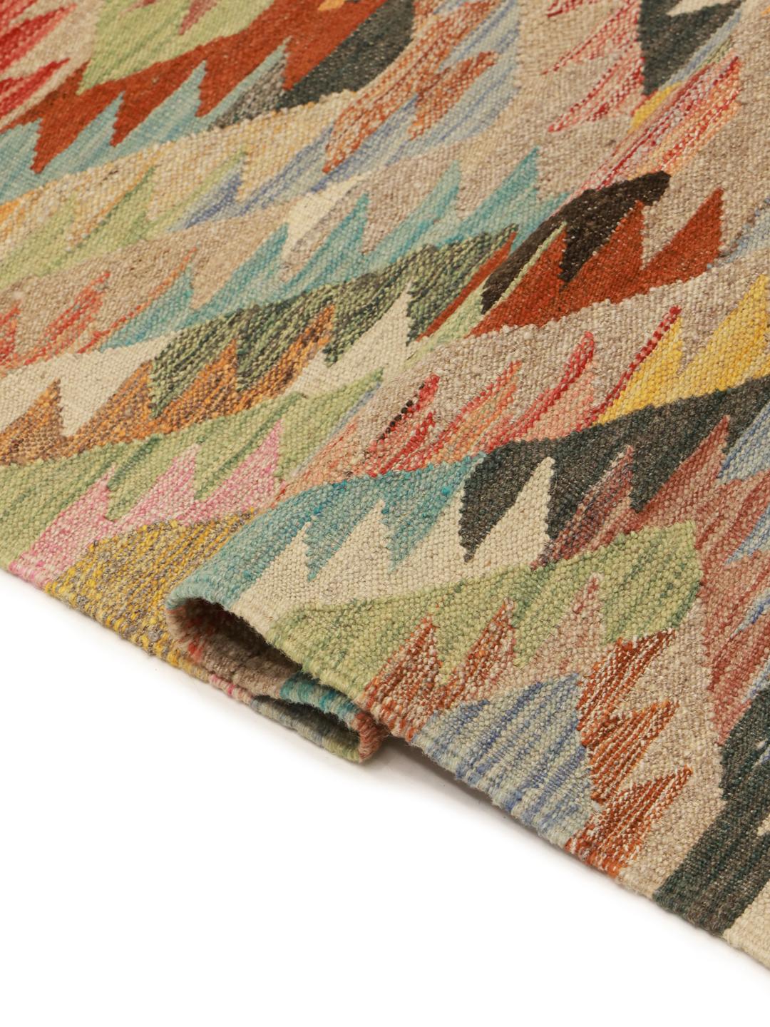 Hand-woven wool Kilim runner from Afghanistan in multicolor geometric patterns