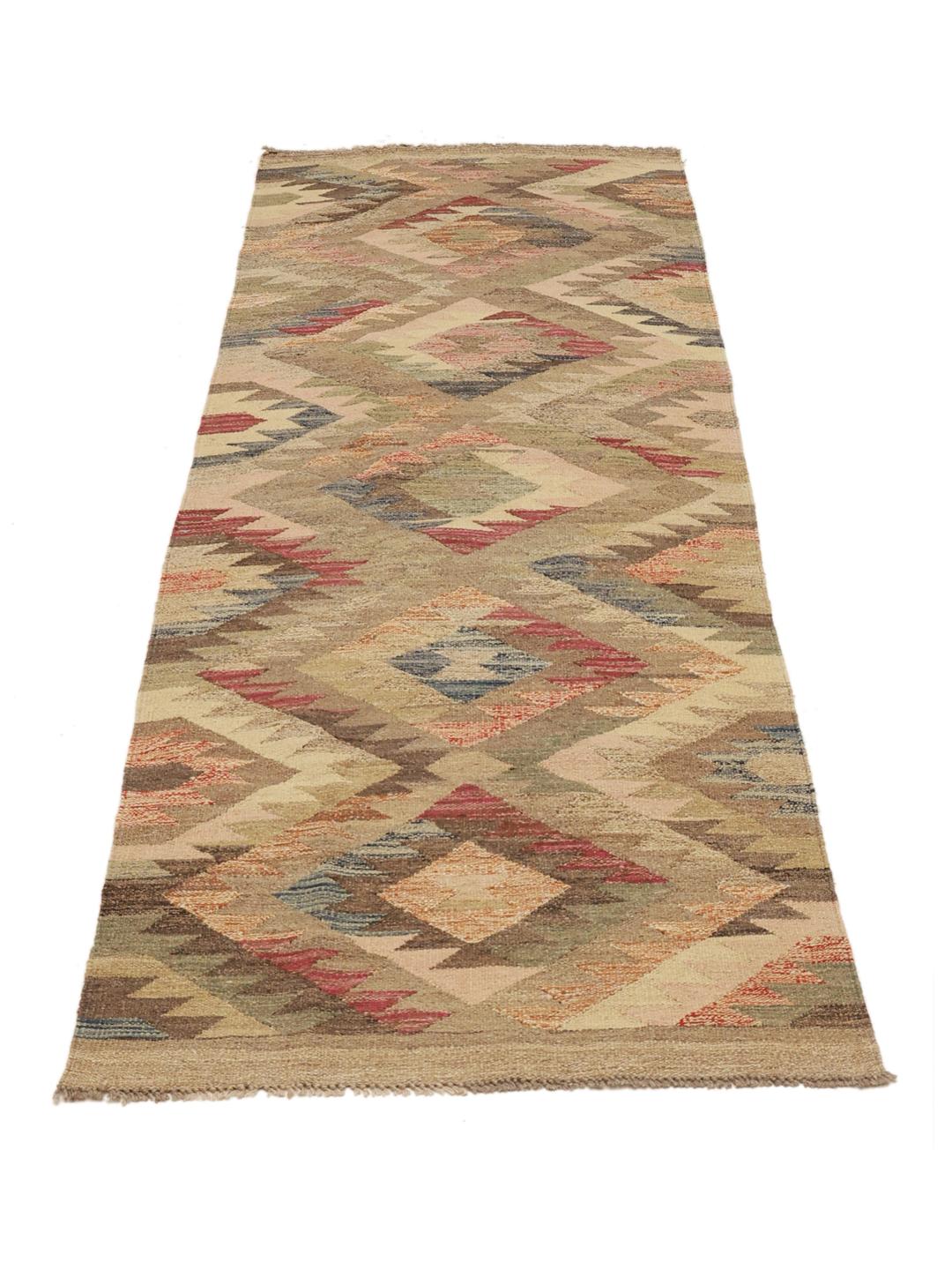 Håndvævet uldløber fra Afghanistan i beige og brune geometriske mønstre