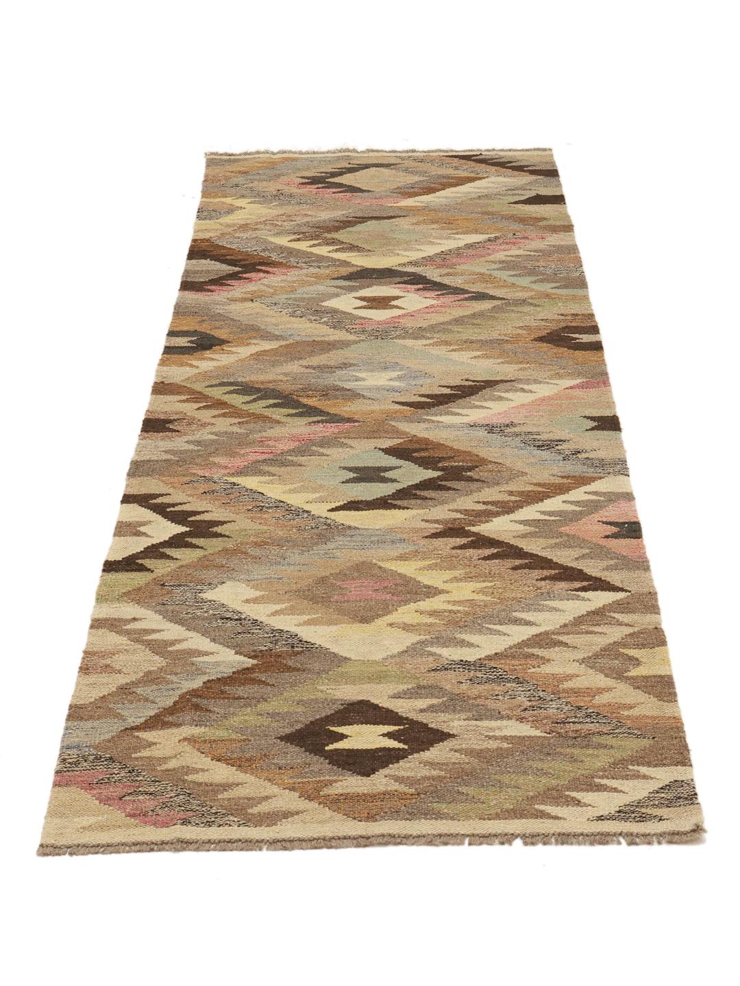 Handgeweven wollen loper uit Afghanistan in beige en bruine geometrische patronen