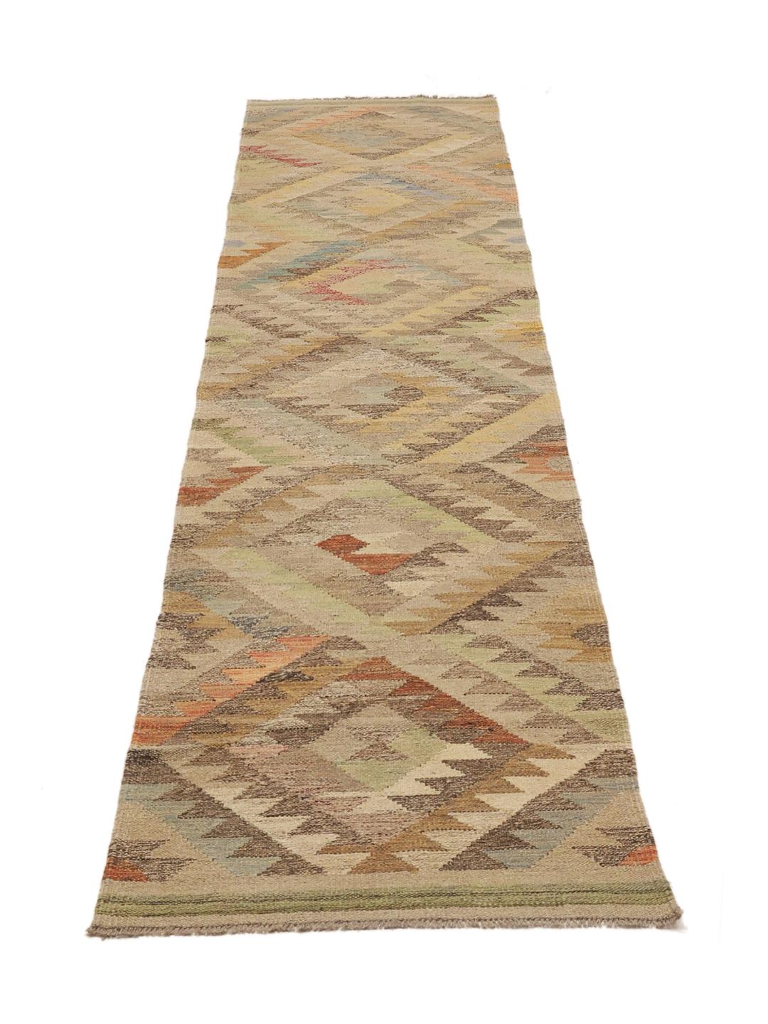 Handgeweven wollen loper uit Afghanistan in beige en meerkleurige geometrische patronen