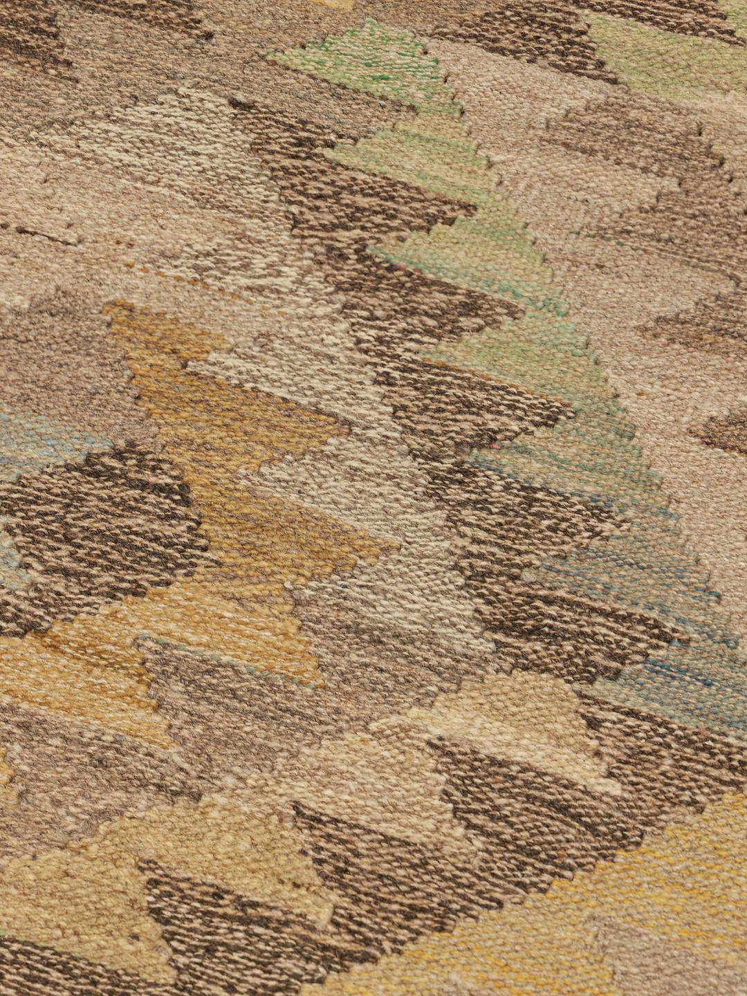 Handgeweven wollen loper uit Afghanistan in beige en meerkleurige geometrische patronen
