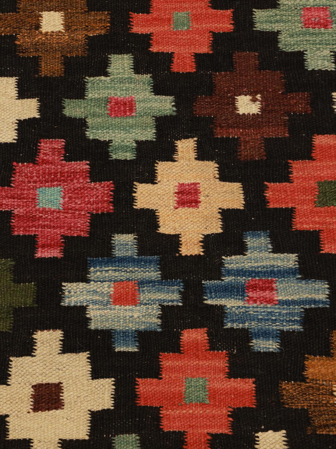 Hand-woven Kelim Afghan Old Style runner rug in black and multicolor