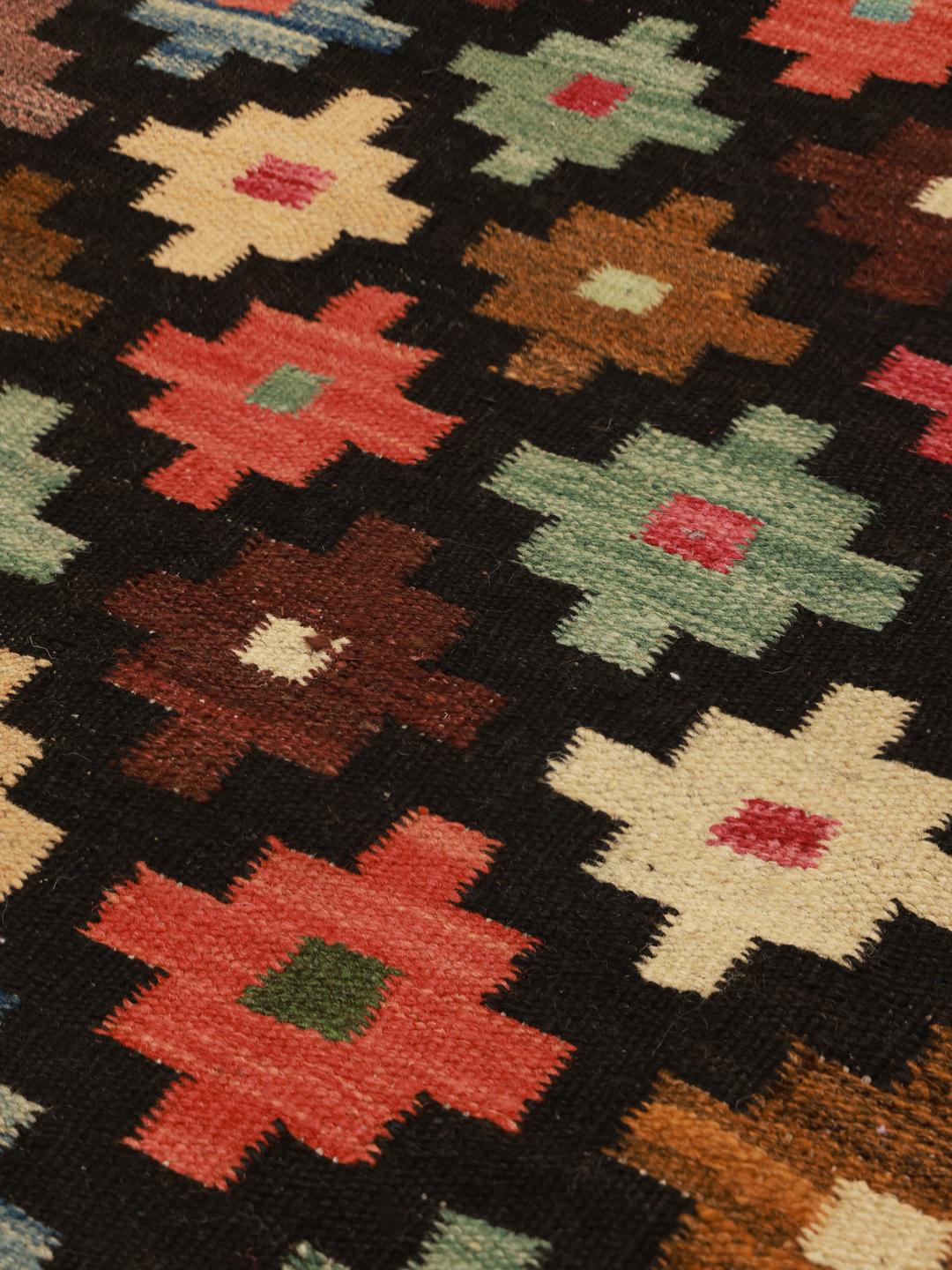 Hand-woven Kelim Afghan Old Style runner rug in black and multicolor