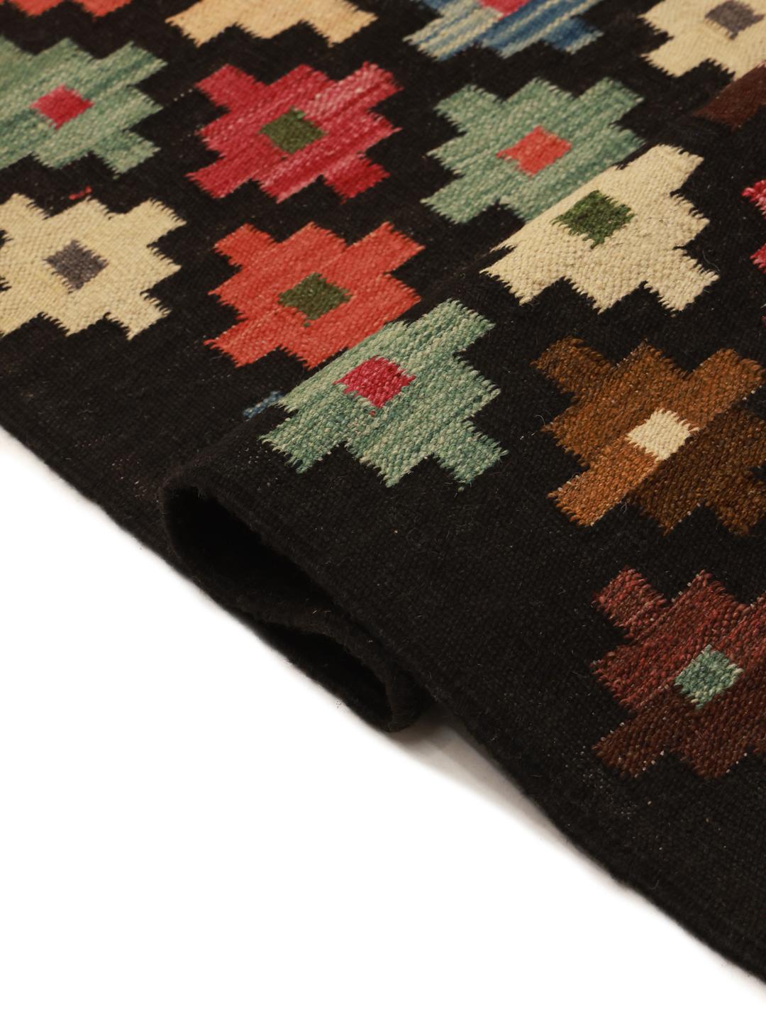 Hand-woven Kelim Afghan Old Style runner rug in black and multicolor