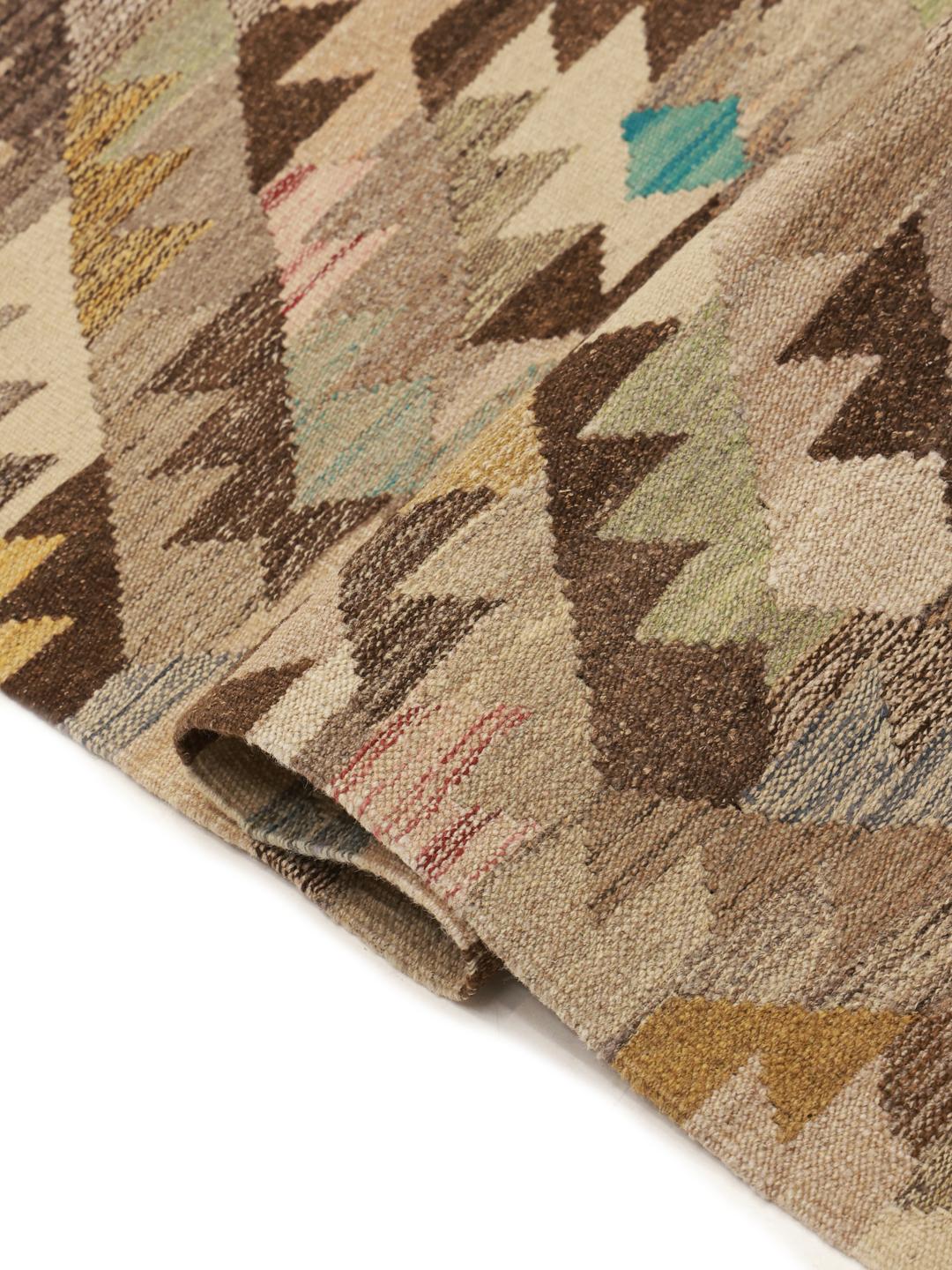 Håndvævet uldløber fra Afghanistan i brune og beige geometriske mønstre
