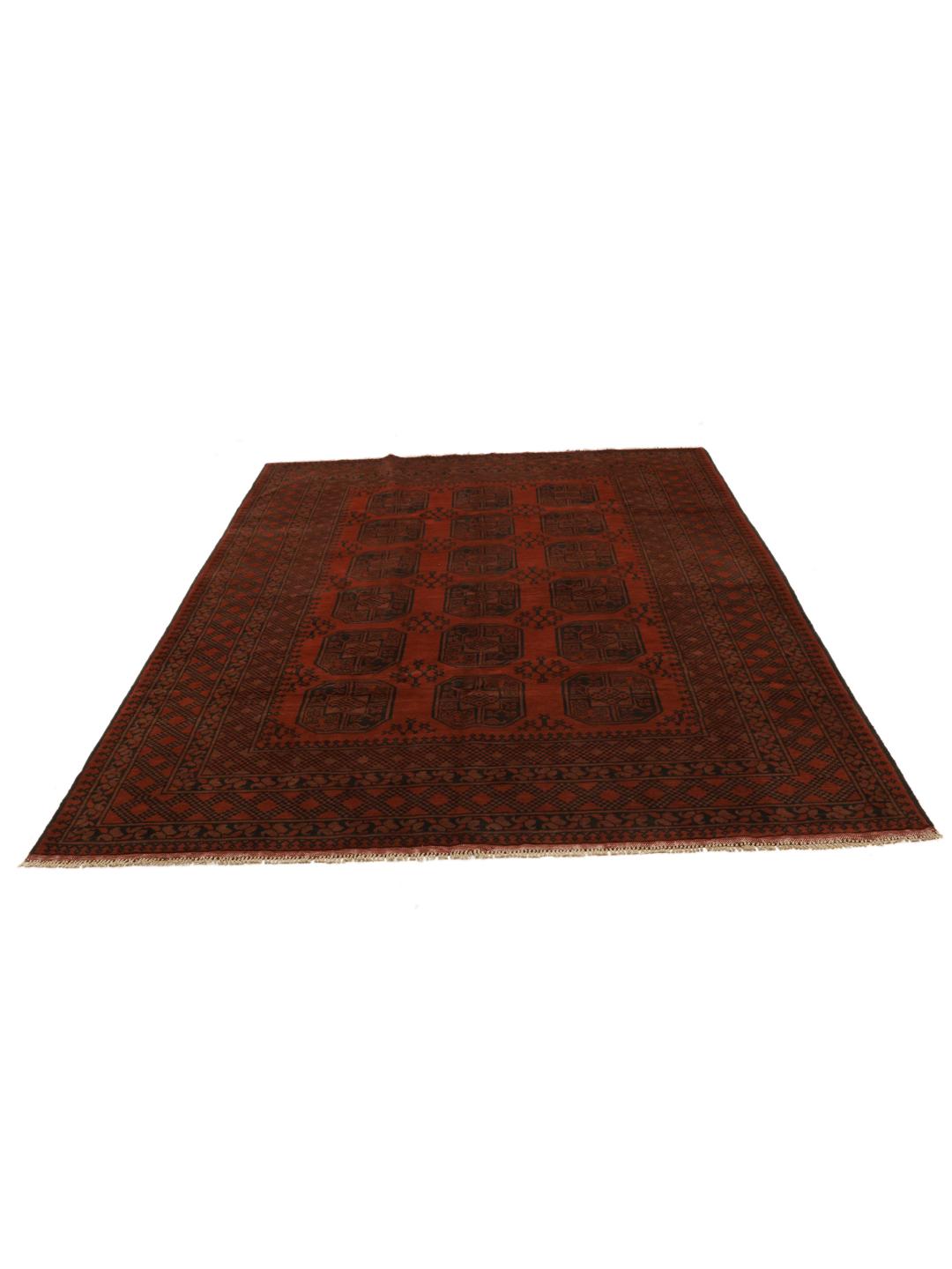 Hand-knotted Afghan Fine rug in dark-red and black