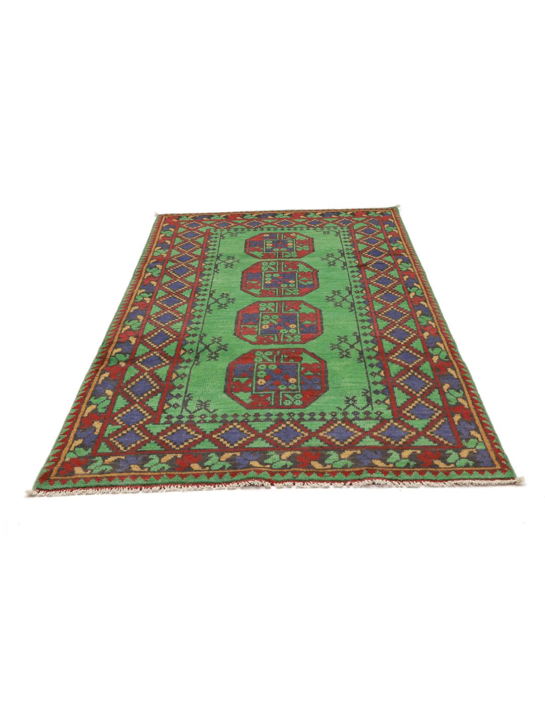 Hand-knotted wool rug from Afghanistan in green and red