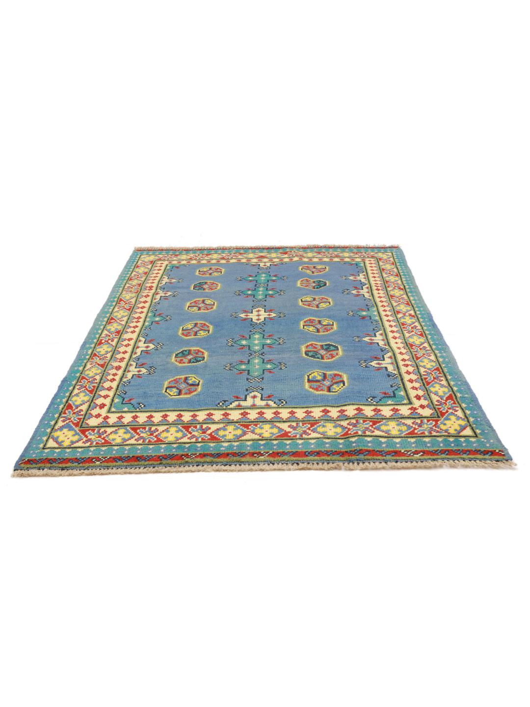 Handgeknoopt Afghan Fine wollen tapijt in blauw met tribale patronen