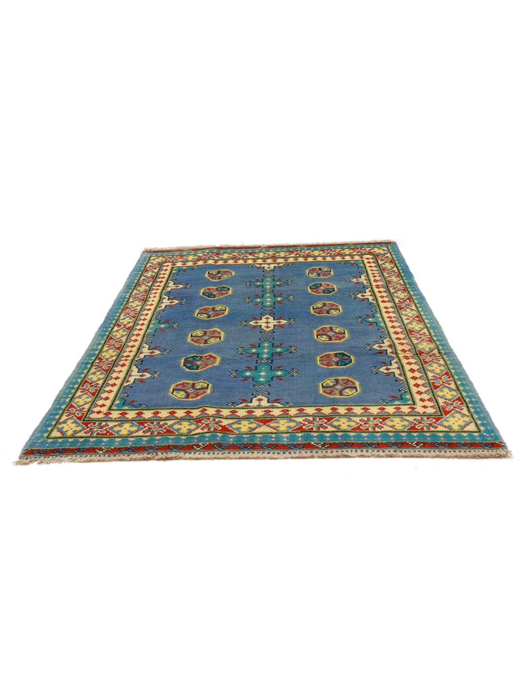 Handgeknoopt Afghan Fine wollen tapijt in blauw met tribale patronen