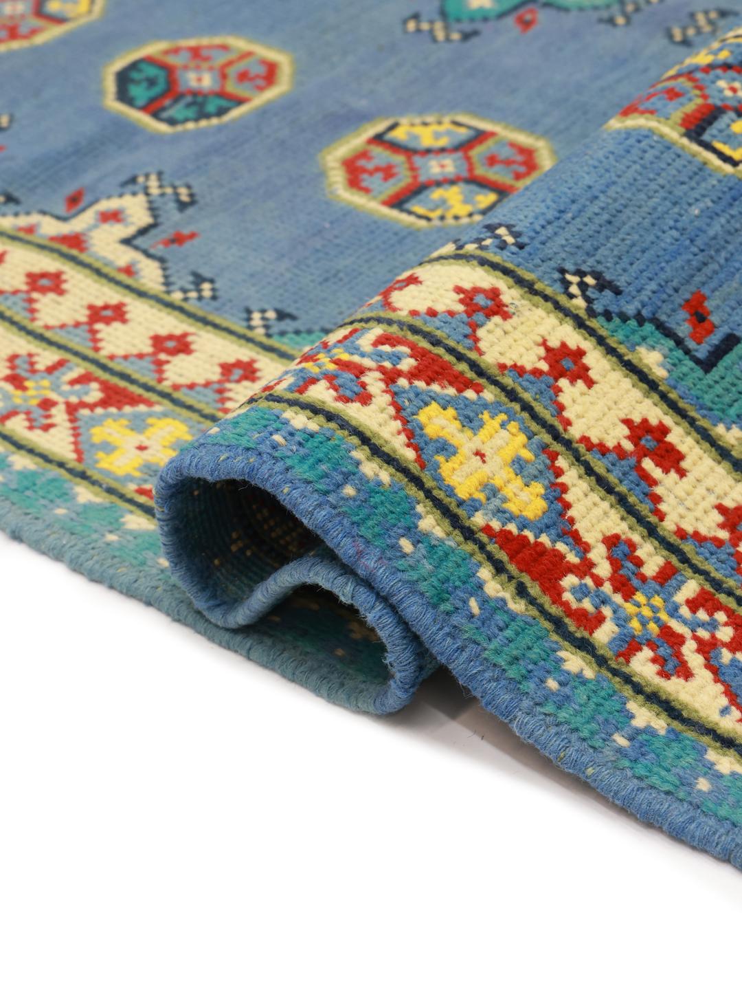 Handgeknoopt Afghan Fine wollen tapijt in blauw met tribale patronen