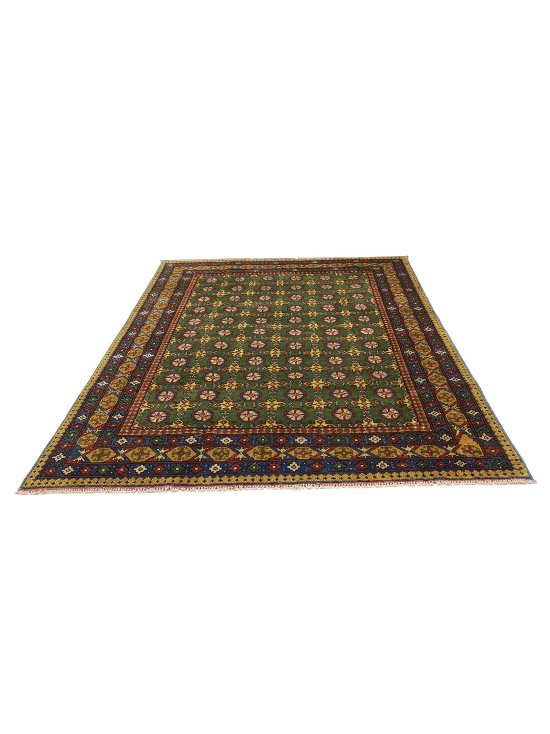 Handgeknoopt groen vloerkleed uit Afghanistan met geometrische patronen