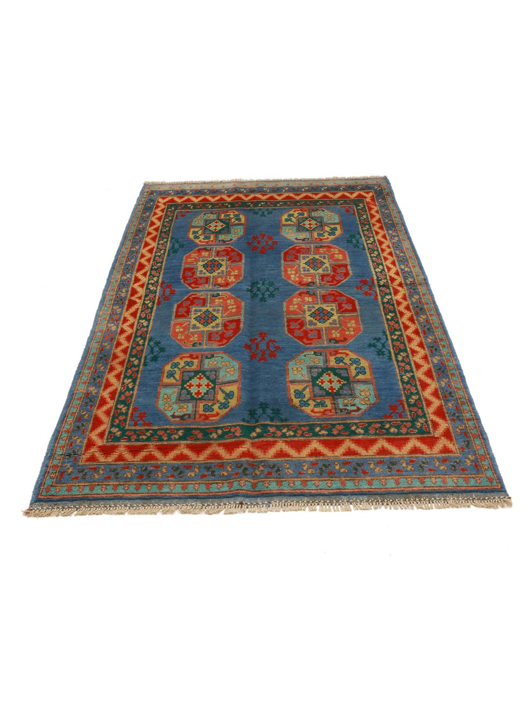 Handgeknoopt blauw vloerkleed uit Afghanistan met traditionele geometrische patronen