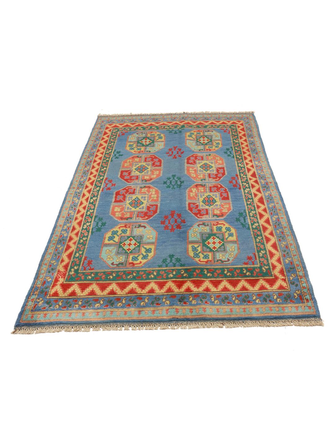 Handgeknoopt blauw vloerkleed uit Afghanistan met traditionele geometrische patronen