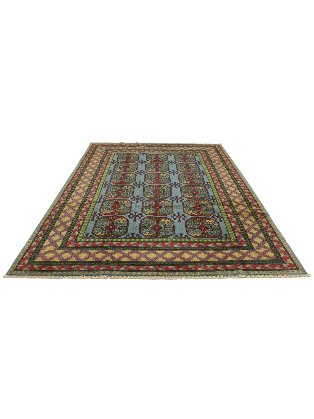 Handgeknoopt Afghan Fine wollen vloerkleed in blauw en rood