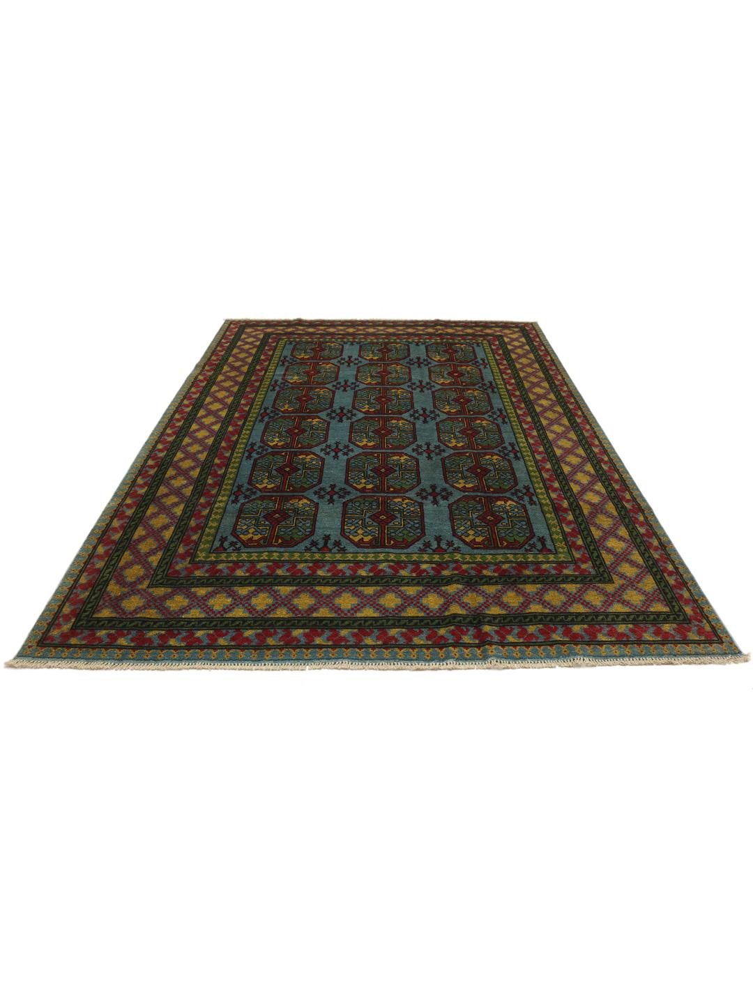 Handgeknoopt Afghan Fine wollen vloerkleed in blauw en rood