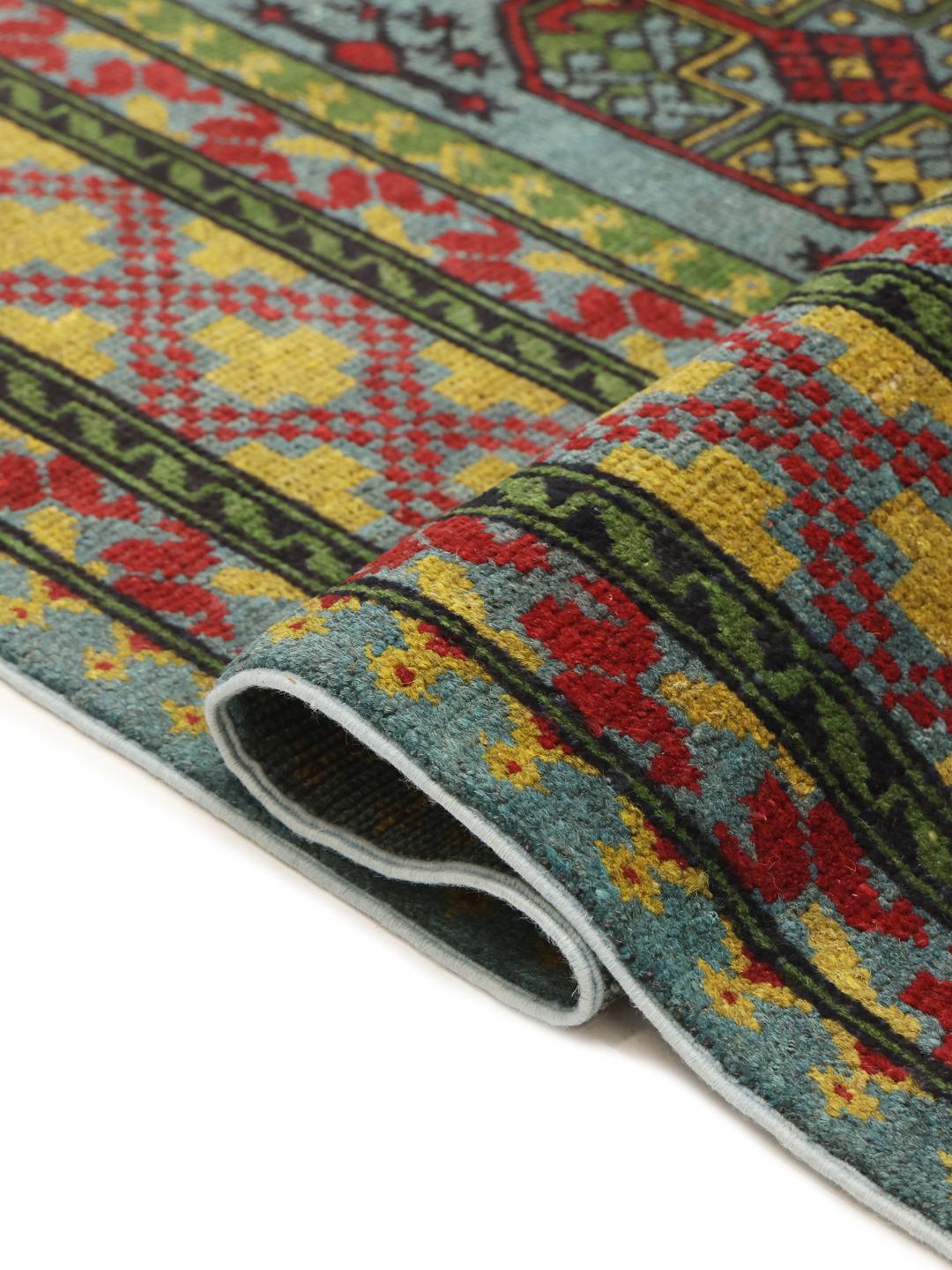 Handgeknoopt Afghan Fine wollen vloerkleed in blauw en rood