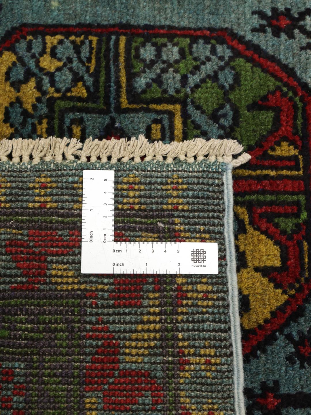Handgeknoopt Afghan Fine wollen vloerkleed in blauw en rood