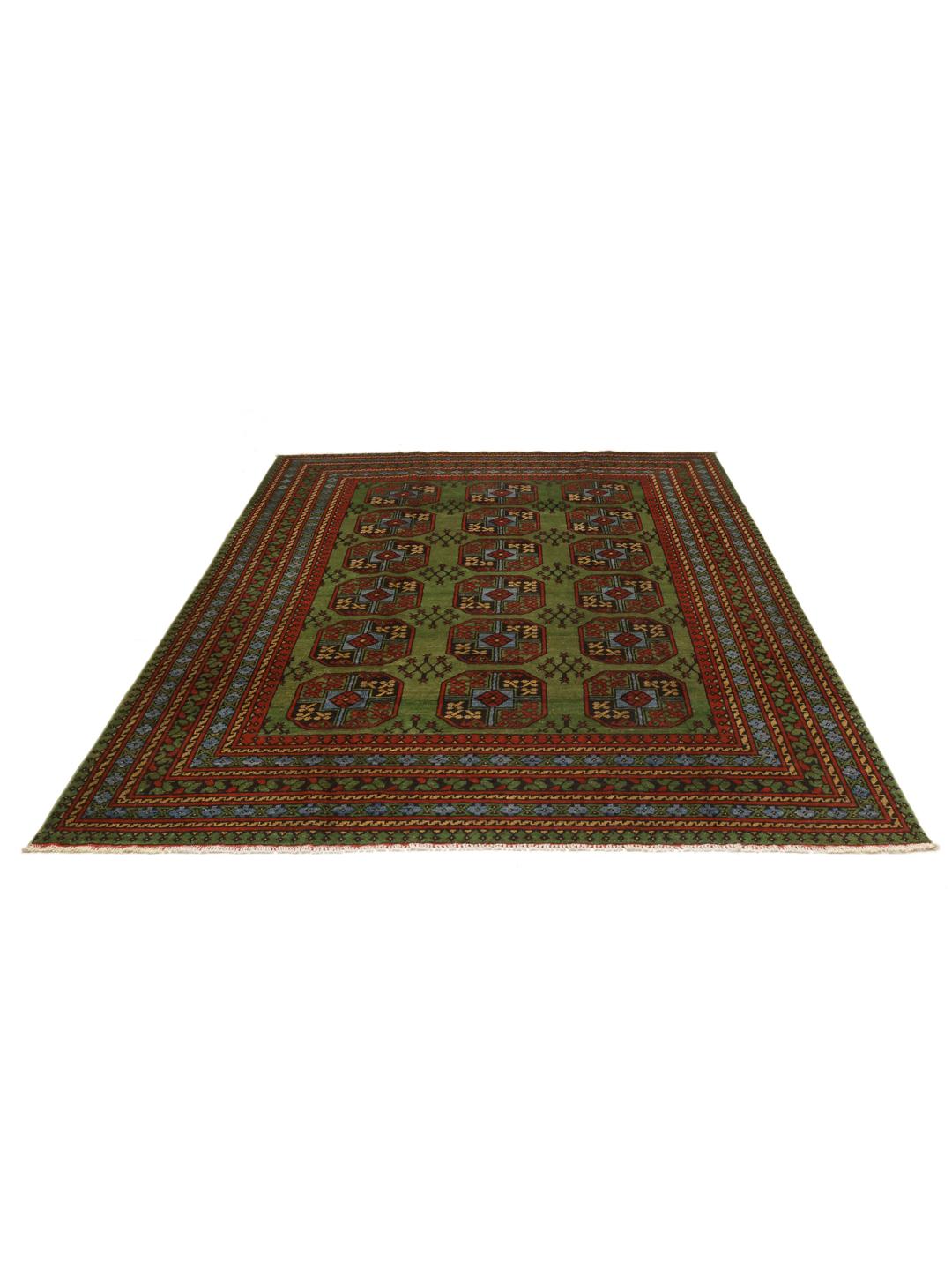 Met de hand geknoopt groen wollen vloerkleed uit Afghanistan met traditionele rode geometrische patronen