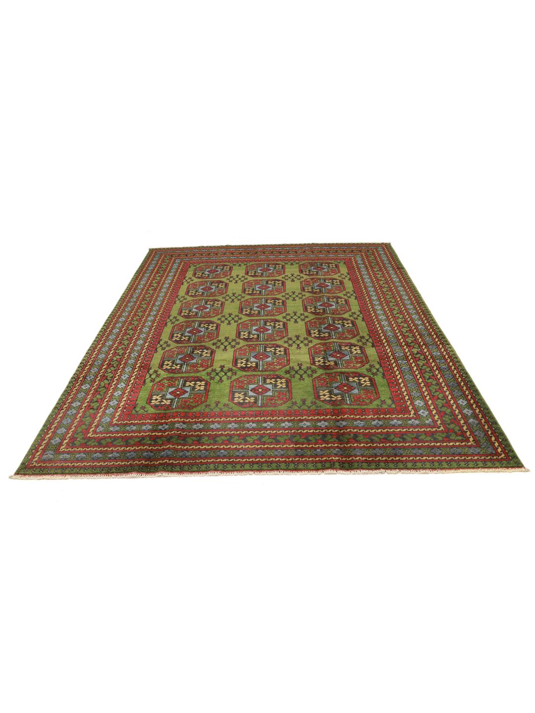 Met de hand geknoopt groen wollen vloerkleed uit Afghanistan met traditionele rode geometrische patronen