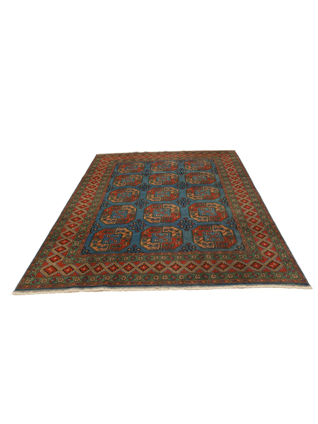Hand-knotted Afghan Fine wool rug in blue and red