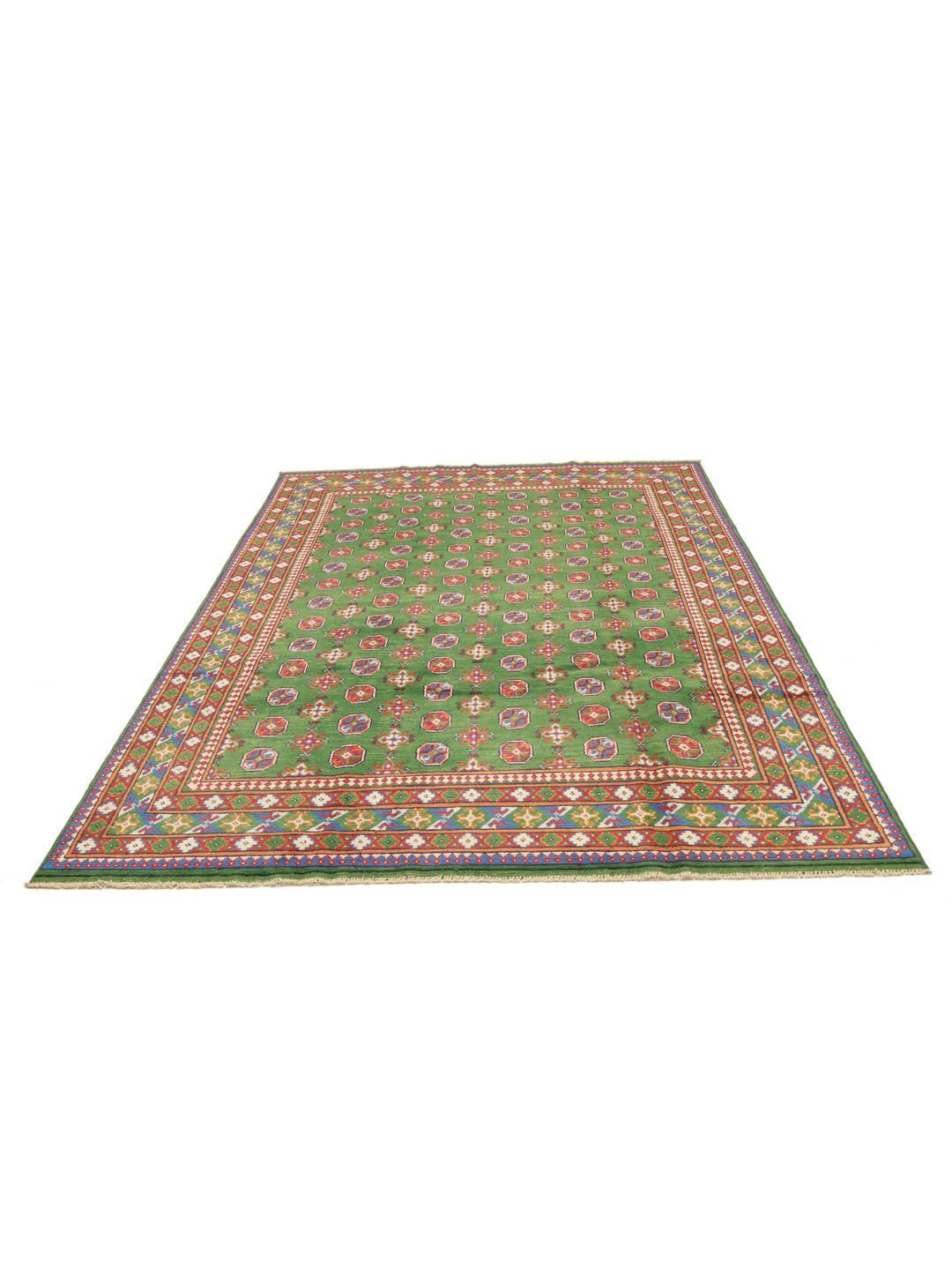 Handgeknüpfter grüner Afghan Fine Wolll Teppich mit traditionellen geometrischen Mustern