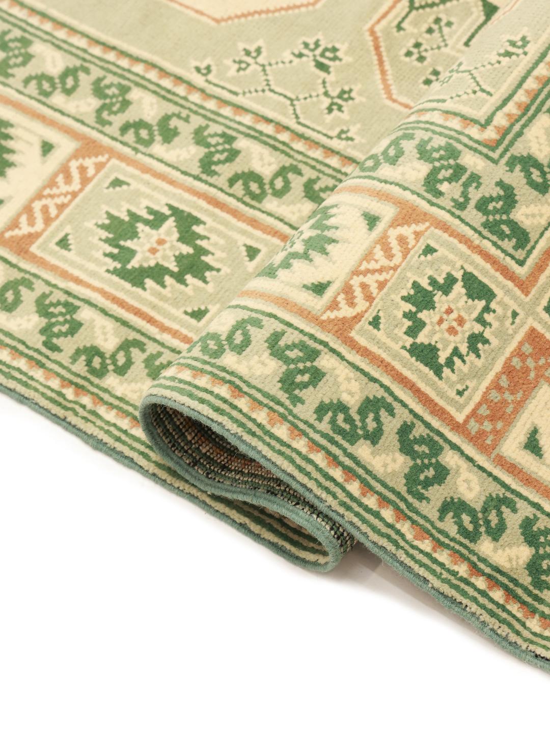 Hand-knotted Afghan Fine rug in light green and orange with geometric borders