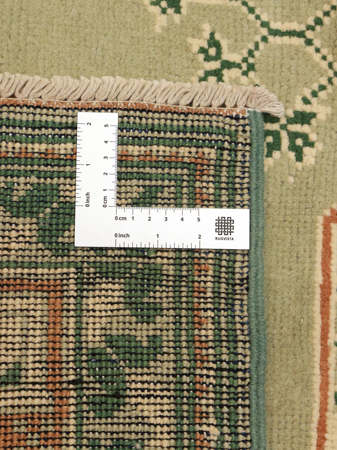 Hand-knotted Afghan Fine rug in light green and orange with geometric borders