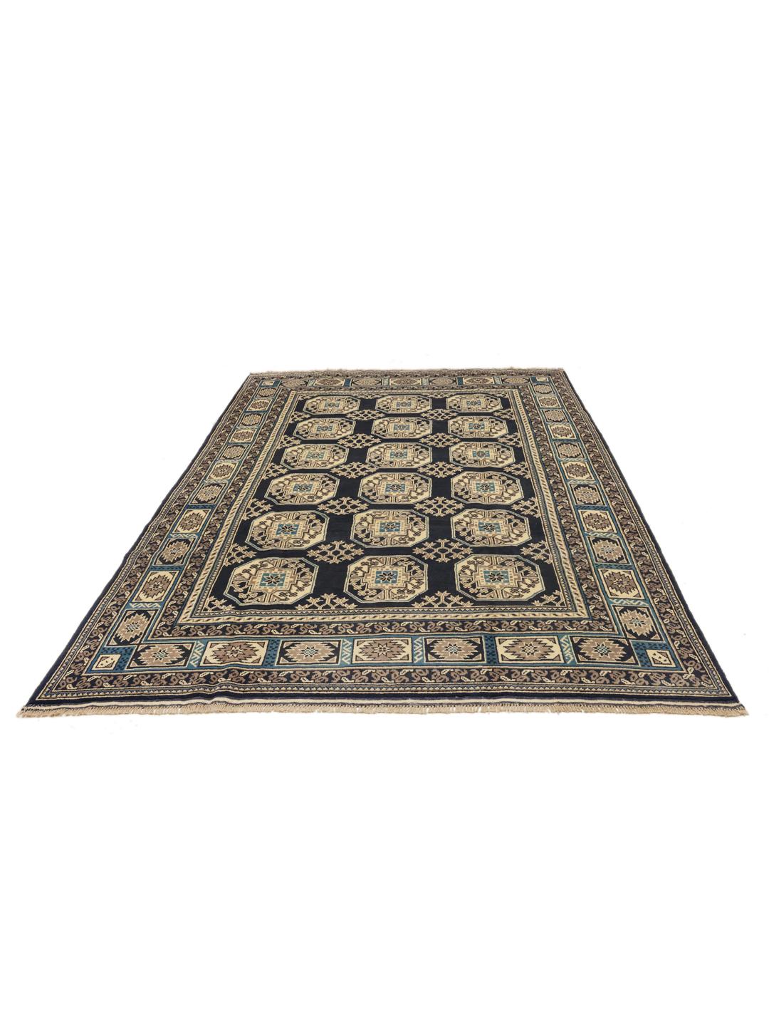 Handgeknoopt Afghan wollen tapijt in donkerblauw en beige met geometrische medaillonpatronen