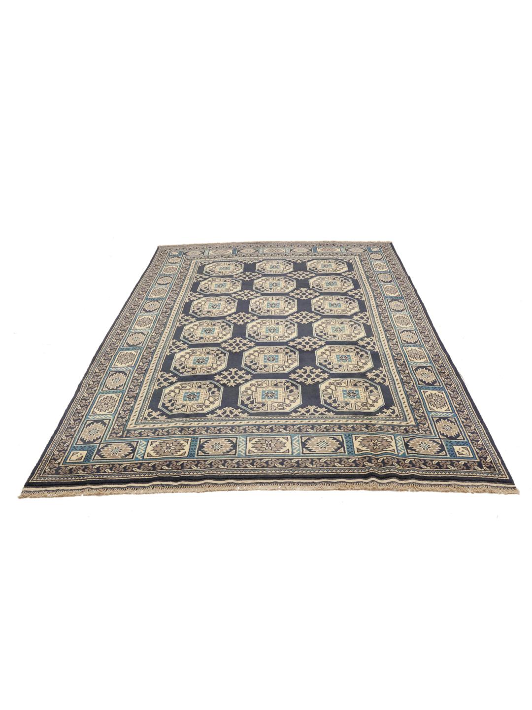 Handgeknoopt Afghan wollen tapijt in donkerblauw en beige met geometrische medaillonpatronen