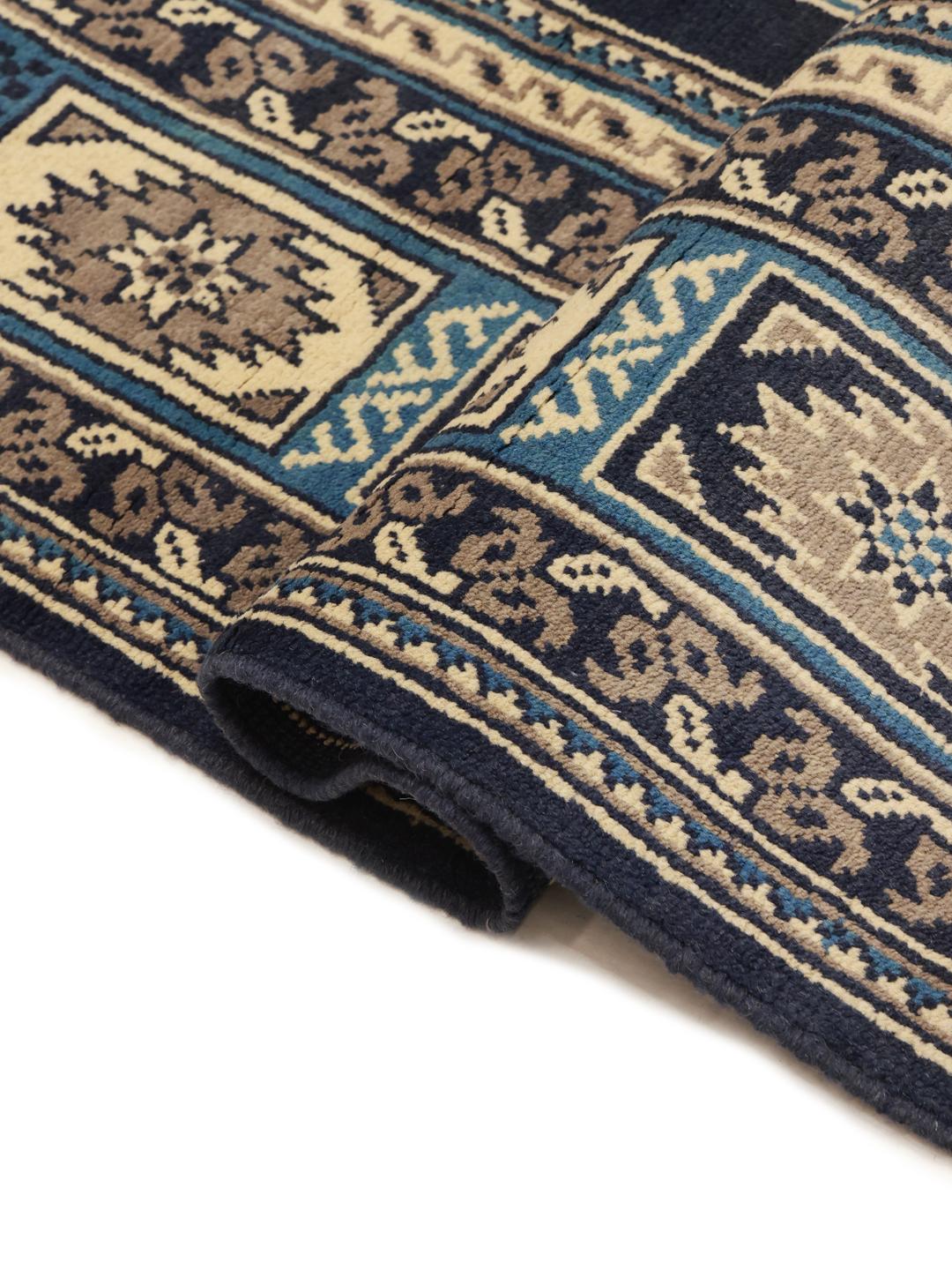 Handgeknoopt Afghan wollen tapijt in donkerblauw en beige met geometrische medaillonpatronen