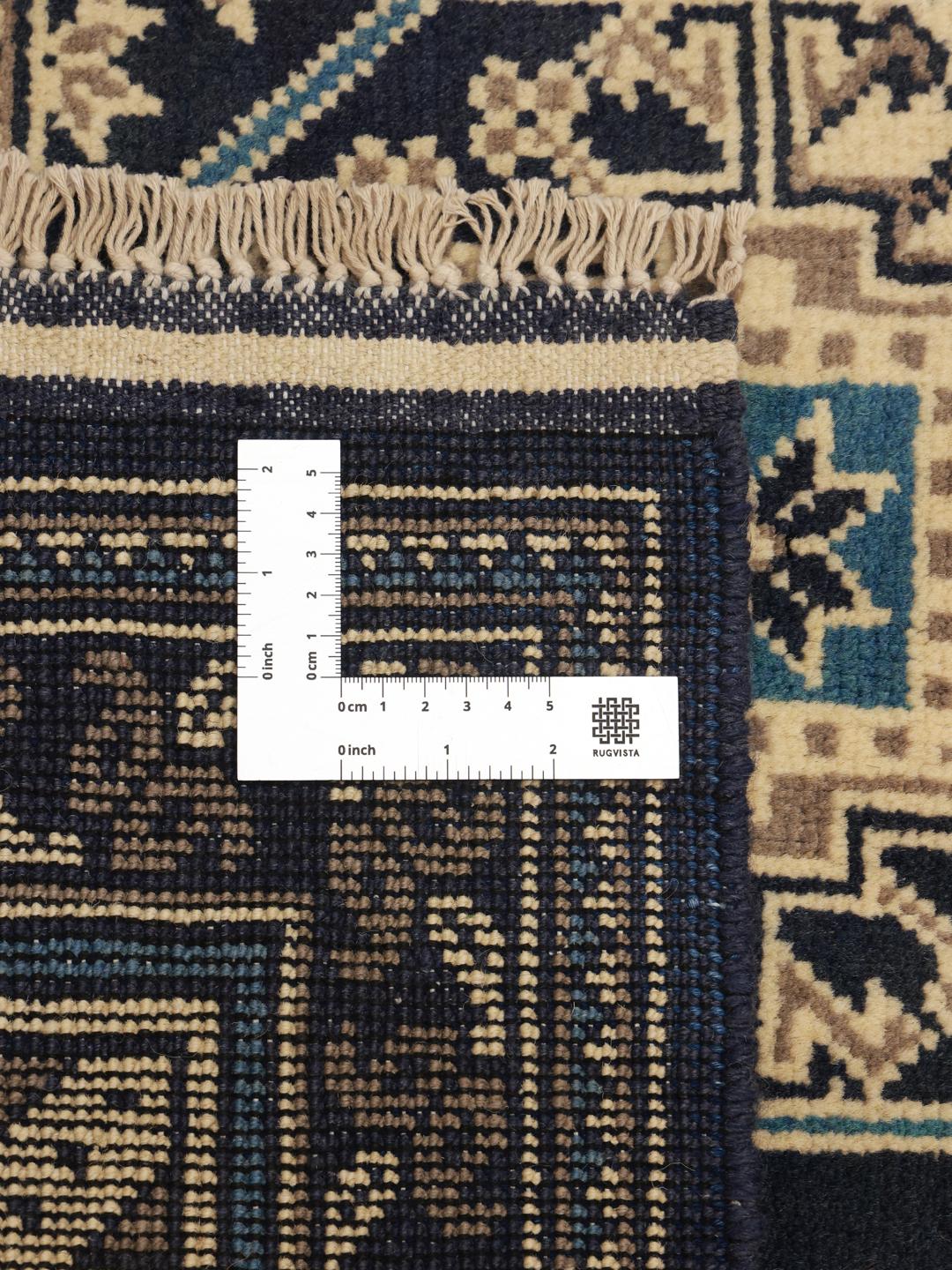 Handgeknoopt Afghan wollen tapijt in donkerblauw en beige met geometrische medaillonpatronen