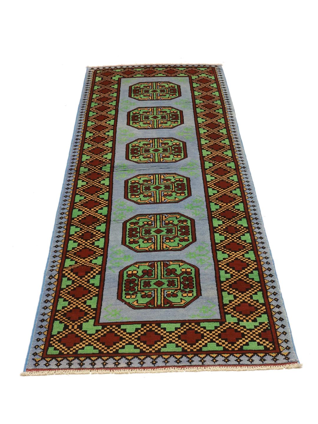 Hand-knotted Afghan Fine runner in light blue and dark red