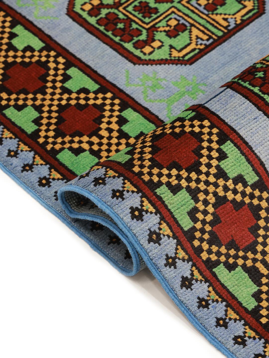 Hand-knotted Afghan Fine runner in light blue and dark red