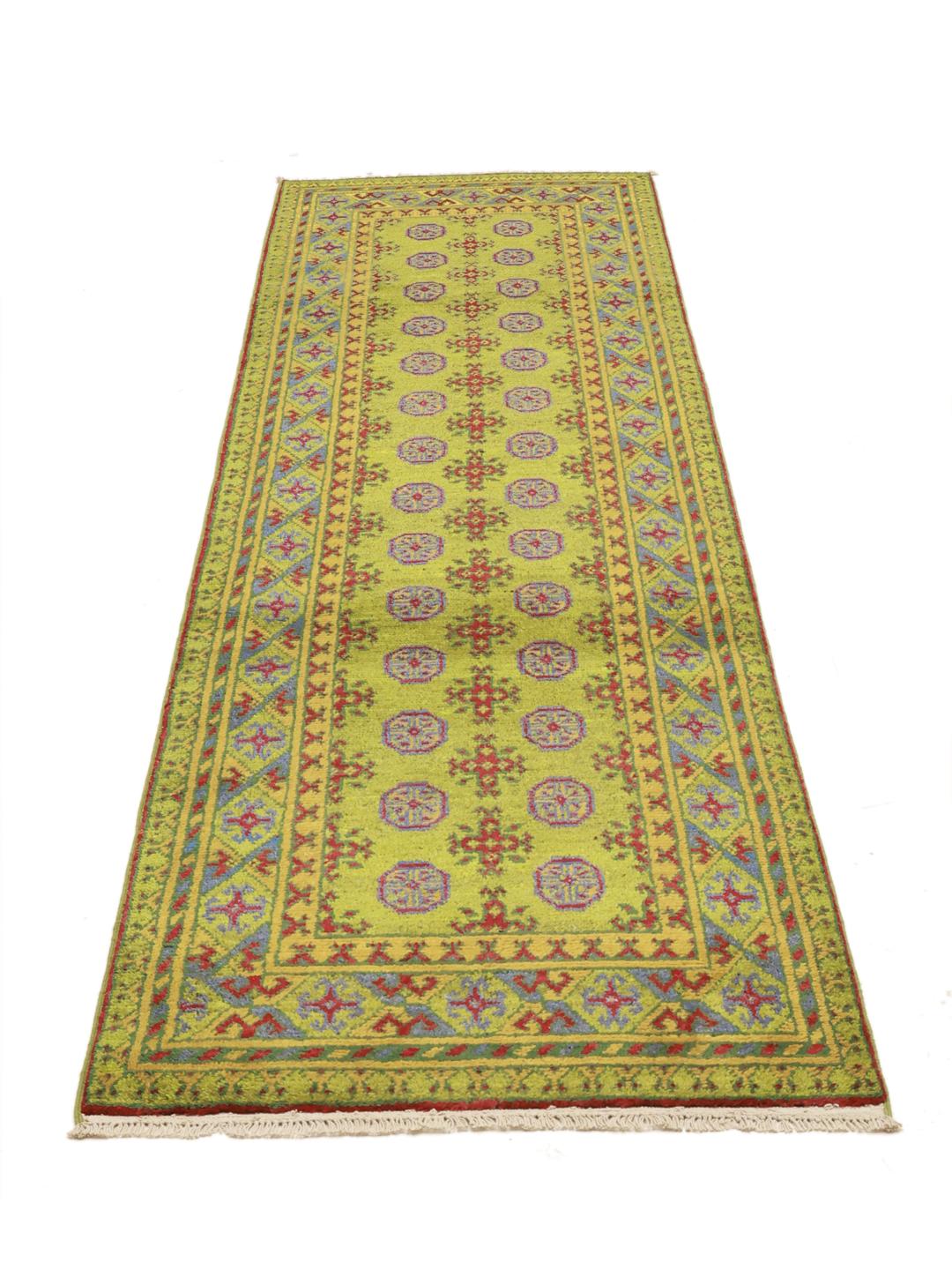 Hand-knotted Afghan Fine runner rug in green and red