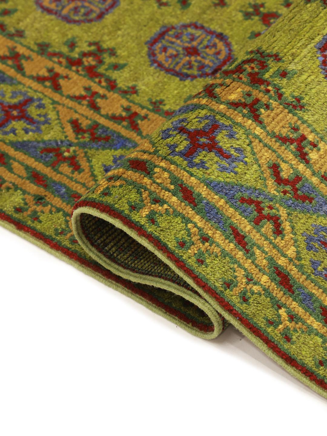 Hand-knotted Afghan Fine runner rug in green and red