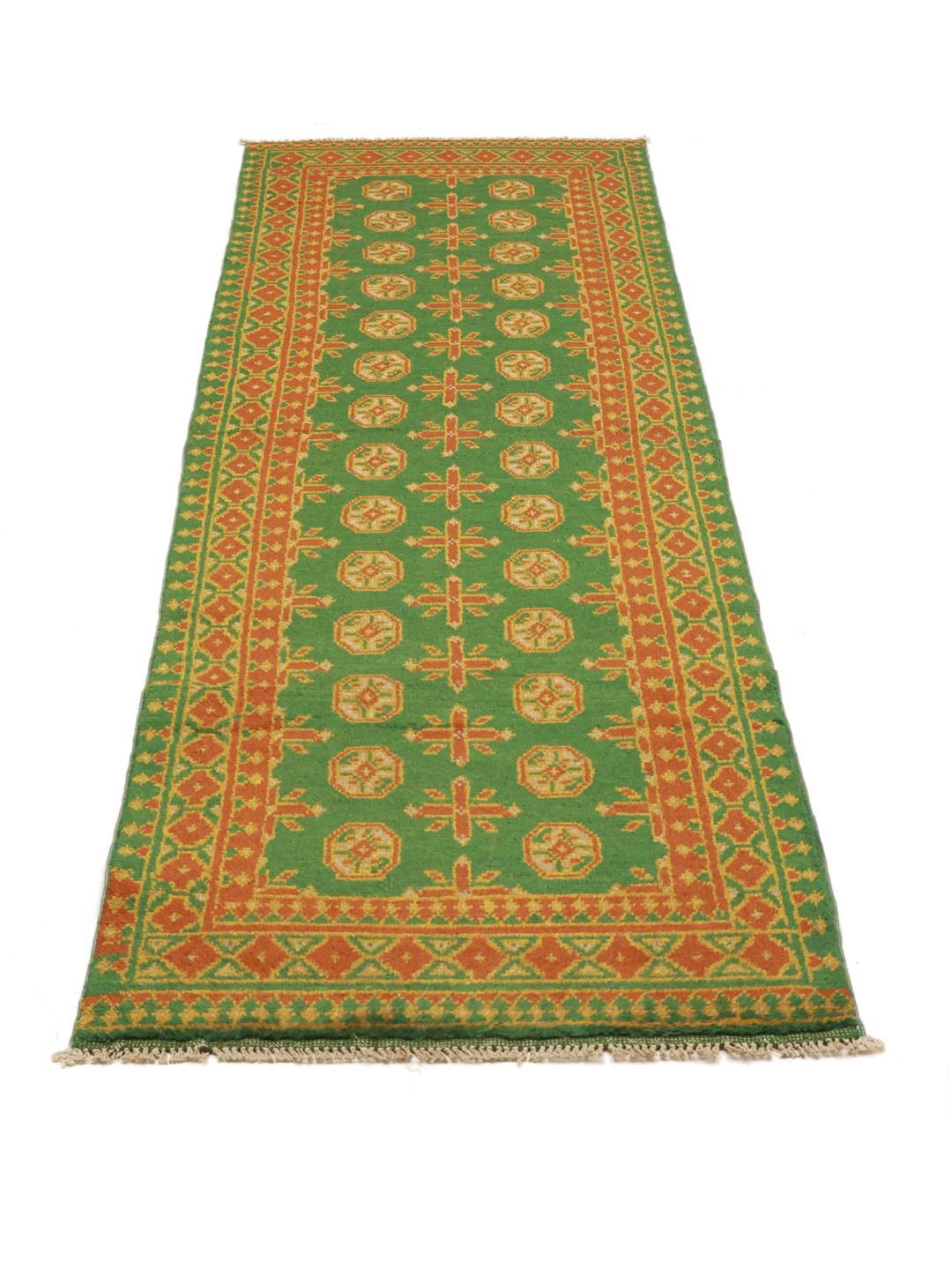 Hand-knotted green Afghan Fine runner rug with orange geometric patterns