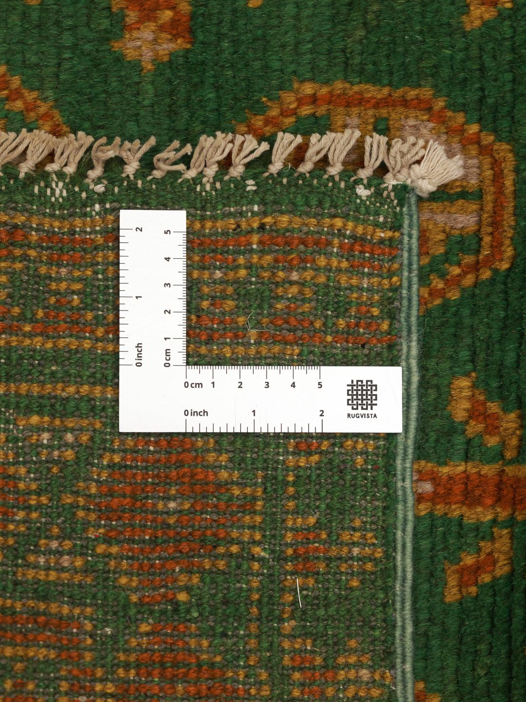 Hand-knotted green Afghan Fine runner rug with orange geometric patterns