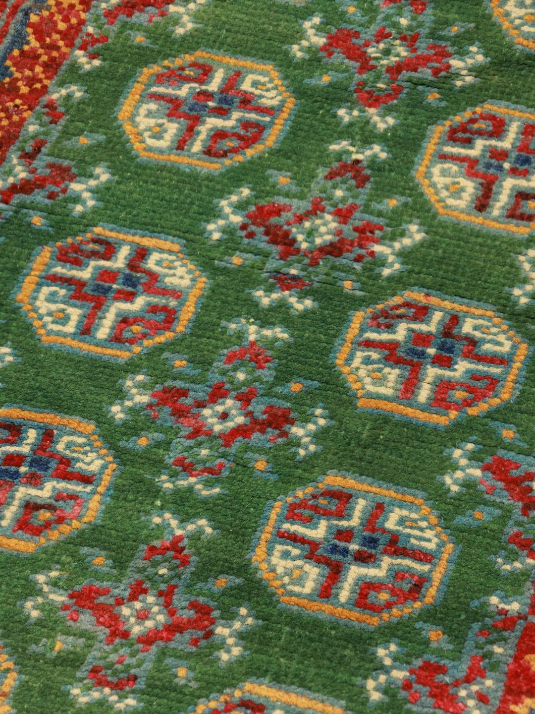 Afghan Fine green wool runner rug hand-knotted in Afghanistan