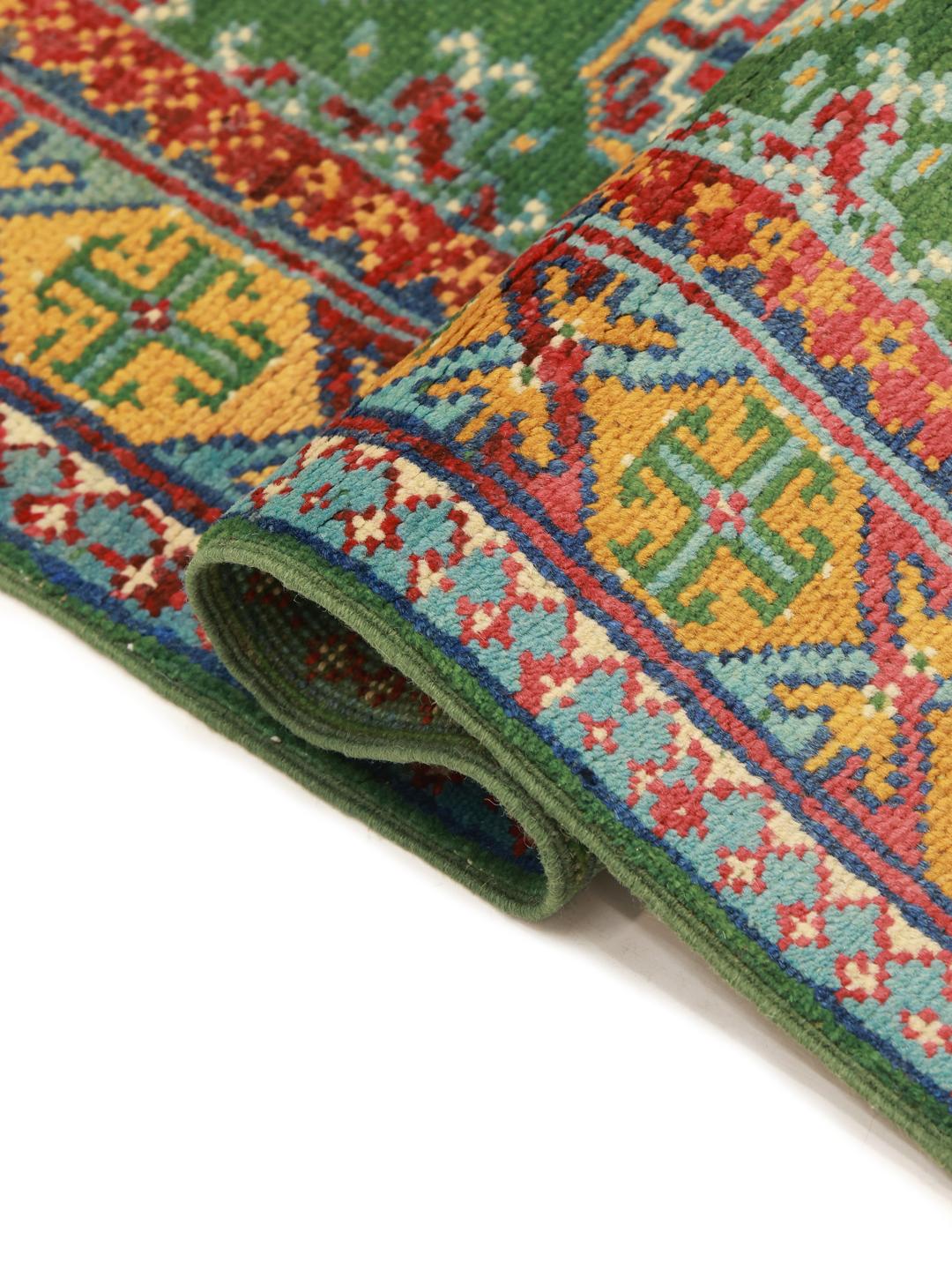 Afghan Fine green wool runner rug hand-knotted in Afghanistan