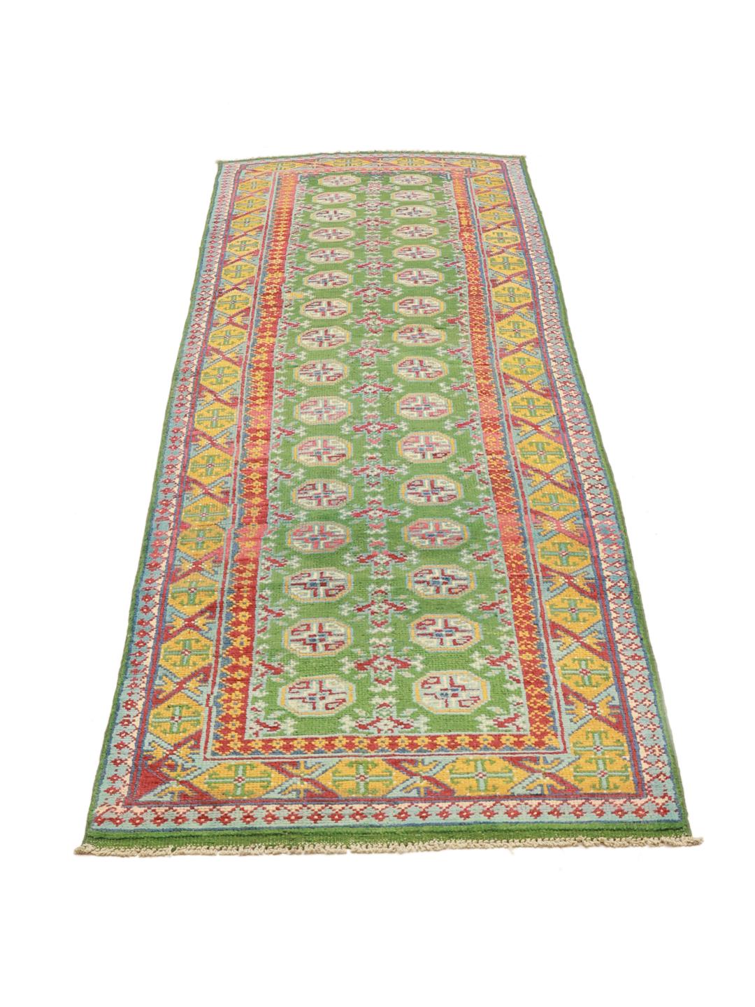 Afghan Fine green wool runner rug hand-knotted in Afghanistan