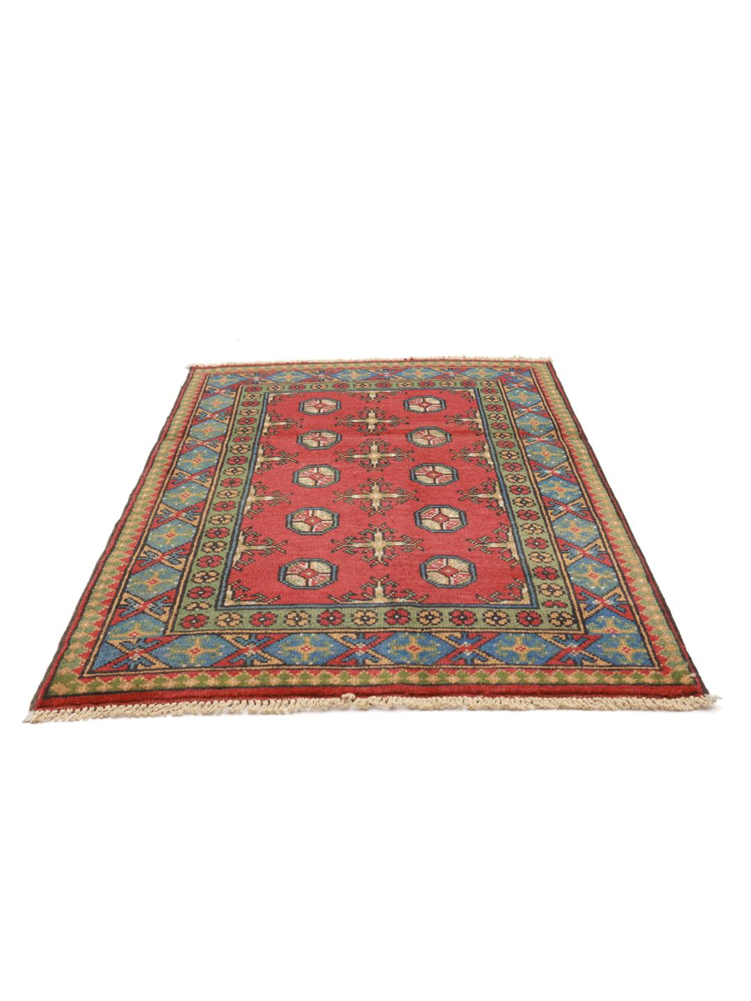 Hand-knotted red and blue Afghan Fine rug with geometric patterns