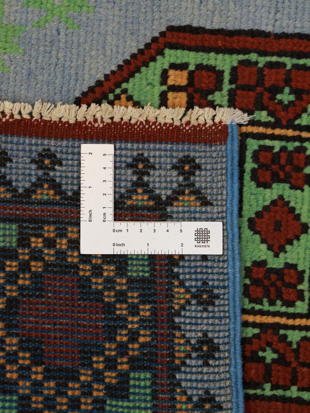 Hand-knotted Afghan Fine runner in light blue and dark red