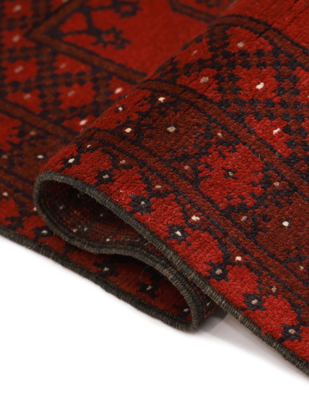 Hand-knotted Afghan Fine wool rug in red and dark blue