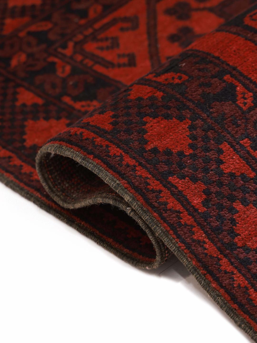 Hand-knotted Afghan rug in red and dark grey